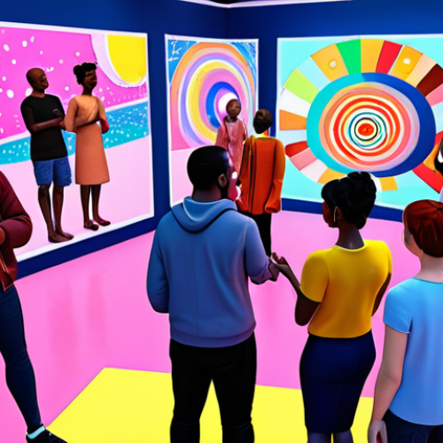 **A vibrant metaverse social event:** Avatars of diverse people interacting at a virtual art exhibition. Focus on the sense of community and connection in this digital space, reflecting friendship and shared interests. Bright colors and futuristic elements.