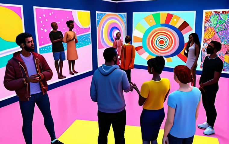 **A vibrant metaverse social event:** Avatars of diverse people interacting at a virtual art exhibition. Focus on the sense of community and connection in this digital space, reflecting friendship and shared interests. Bright colors and futuristic elements.