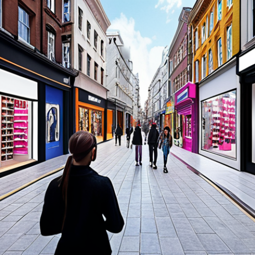 ** A futuristic cityscape blending physical stores with augmented reality overlays. People wearing AR glasses shop in virtual storefronts that extend from real-world buildings. The overall feeling should be vibrant and dynamic, showcasing the fusion of digital and physical retail.

**