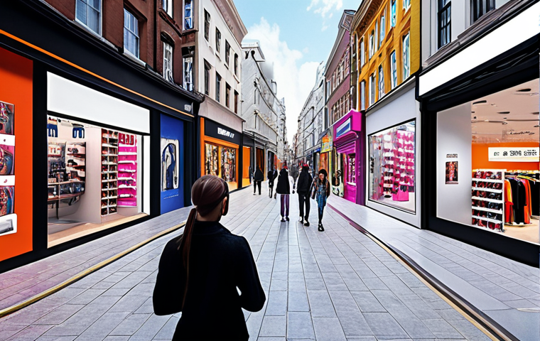 ** A futuristic cityscape blending physical stores with augmented reality overlays. People wearing AR glasses shop in virtual storefronts that extend from real-world buildings. The overall feeling should be vibrant and dynamic, showcasing the fusion of digital and physical retail.

**