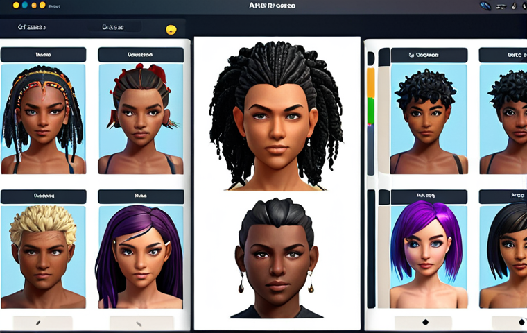 **A vibrant and intuitive metaverse UI concept showcasing avatar customization options. The UI should feature a diverse range of hairstyles, clothing, and accessories, with a user-friendly interface for easy navigation and selection. Highlight options for expressing unique digital identities.**